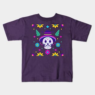 gothic halloween dia de los muertos floral skull Kids T-Shirt